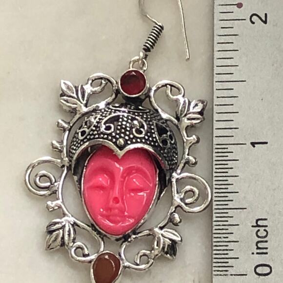 Silver Pink Resin & Garnet Goddess/Deity Earrings - Picture 5 of 6